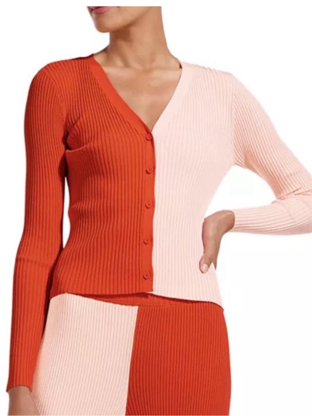 STAUD Colorblock Ribbed V-Neck Cardigan Poppy Red Rosebud Pink Stretch Bodycon S